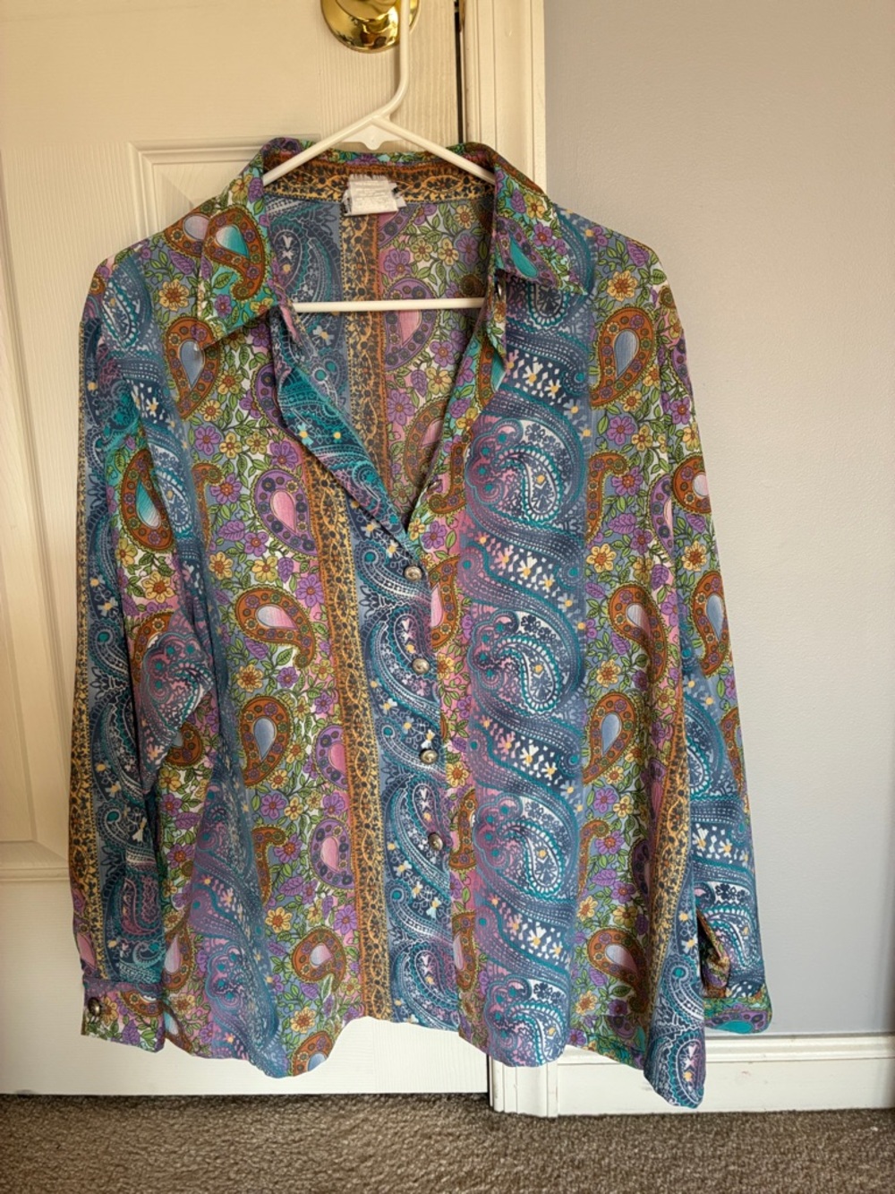 Vintage BonWorth Women's Paisley Button-Down Shirt in Blue, Purple, Pink
